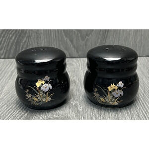 Black Floral Salt Pepper Shakers Small Ceramic Iris Flower Kitchen Decor Pair